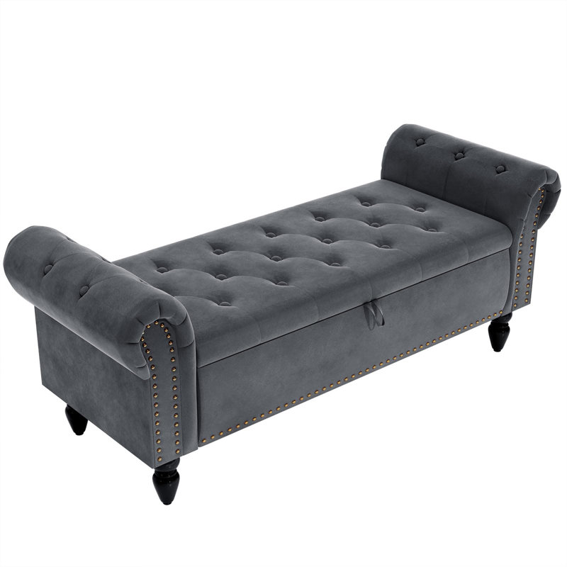 Velvet Upholstered Storage Bench, Grey