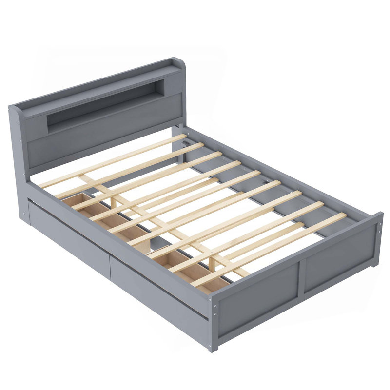Grand lit plateforme en bois avec rangement à DEL, 2 tiroirs et 1 lit gigogne, gris