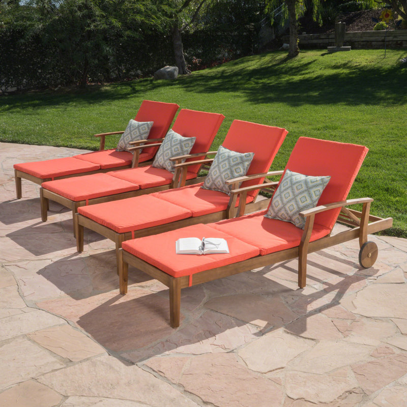 Bevelyn Outdoor Acacia Wood Chaise Lounge Set , Cushion Included, Orange