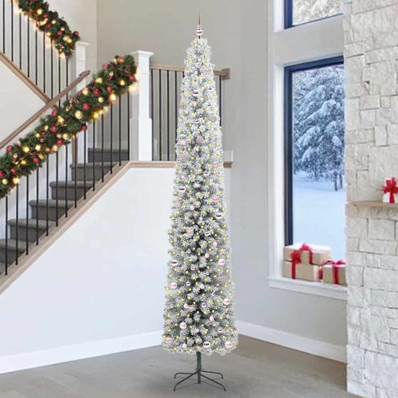 Artificial Christmas Tree with 300 LEDs with Stand, Green/White, 270 cm, with 300 Leds & 120 Lilac Balls