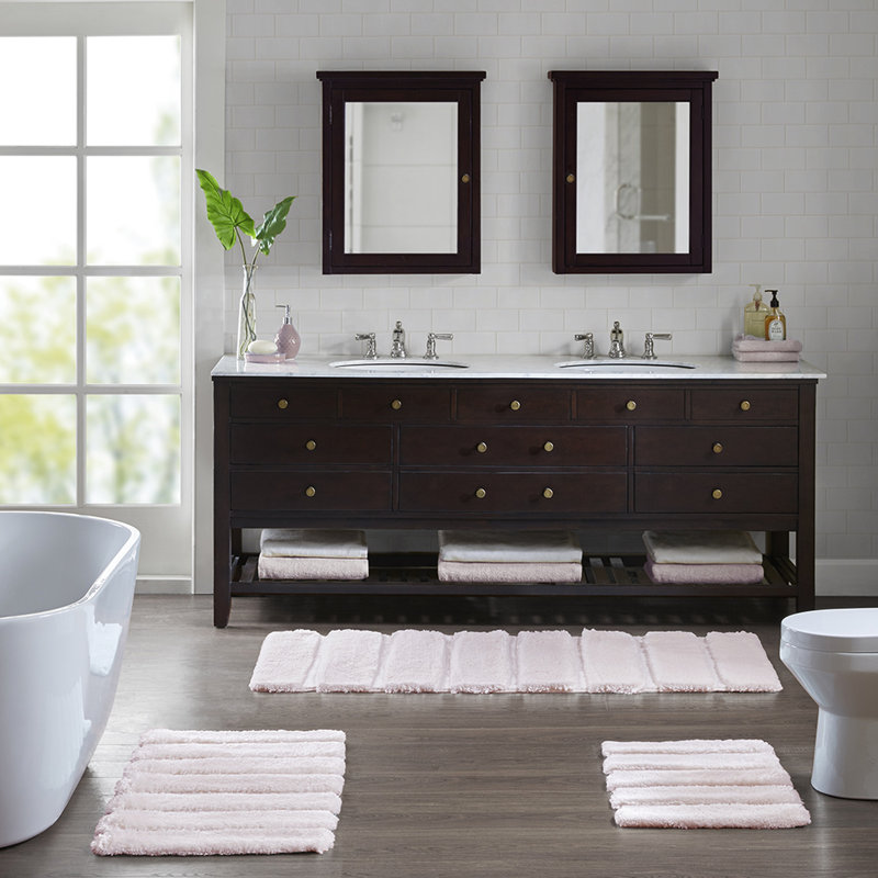Tapis pour salle de bain 17 po x 24 po, rosé, avec motif rayé, envers antidérapant, rosé lavable à la machine, doux