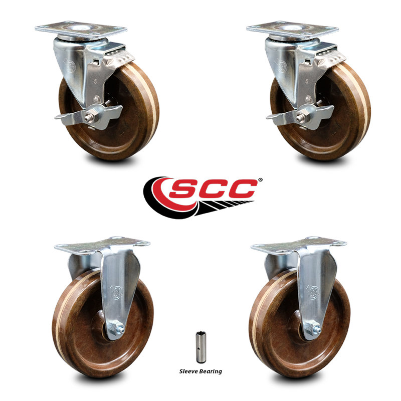 5 Inch High Temp Phenolic Wheel Swivel Top Plate Caster Set with 2 Brake 2 Rigid
