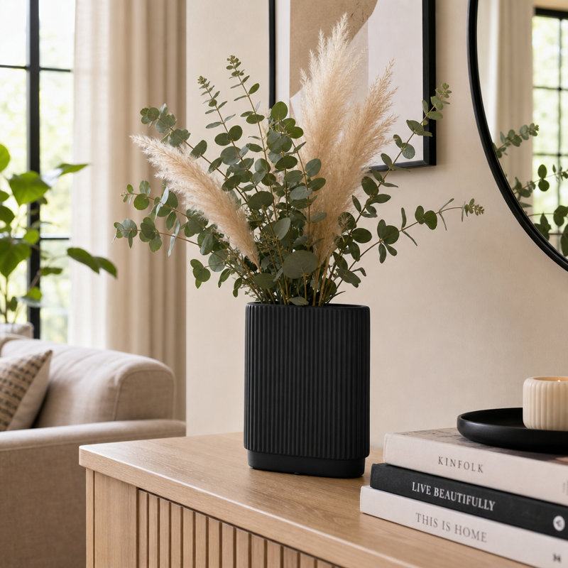 Brix Ceramic Vase, 8" H x 7" W x 3" D, Black