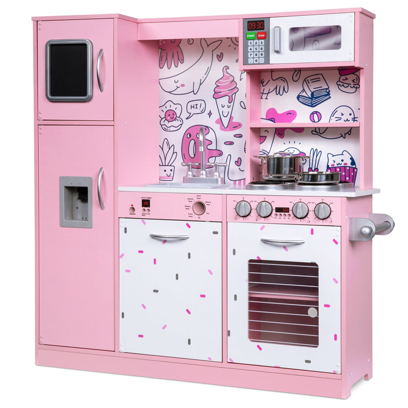 Pink Wooden Play Kitchen Set with Realistic Sounds