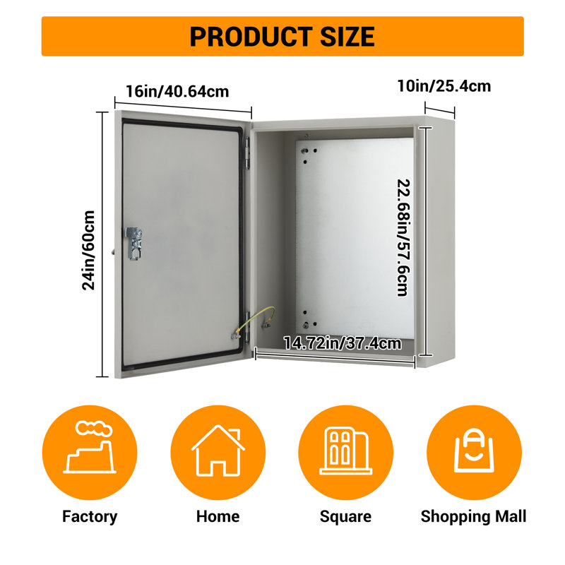 NEMA 4X/IP66 Waterproof Steel Electrical Storage Cabinet – 24"x16"x10" Lockable Wall-Mounted Enclosure with Mounting Plate & 2 Keys – Industrial Junction Panel – Gray-white