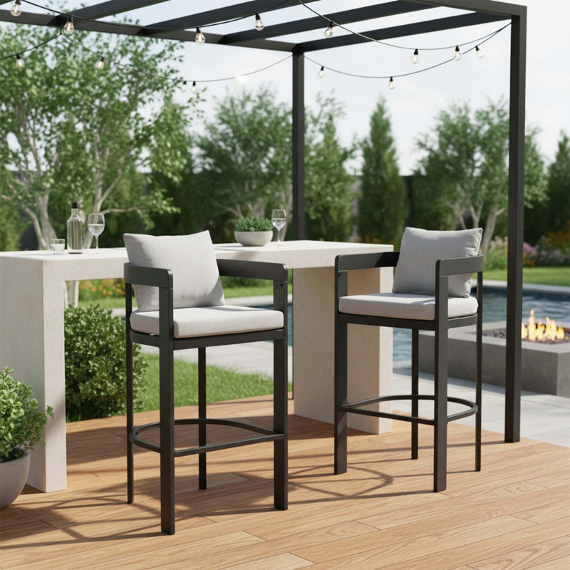 Tabourets de bar d'extérieur Elko, structure en fer durable avec coussins confortables en oléfine, ensemble de 2