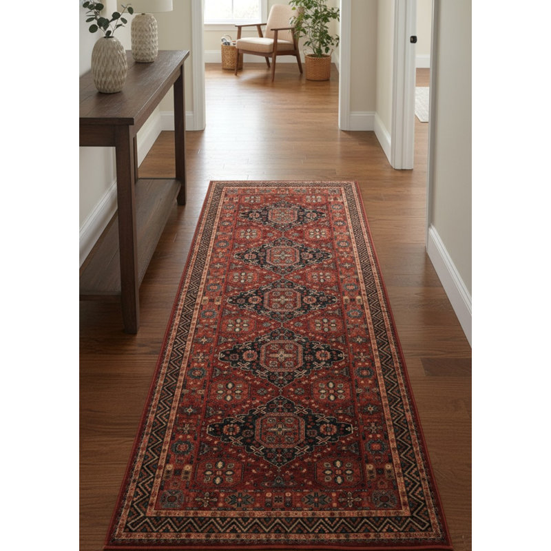 Tapis oriental en laine rouge à motif floral bordeaux Langley Street, Tapis de couloir 2 pi 2 po x 8 pi 11 po