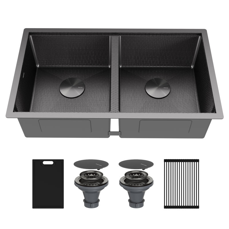 Karran Matrix 32" Undermount Workstation 16 Gauge Double Bowl Stainless Steel Kitchen Sink in Gunmetal Grey with Accessories