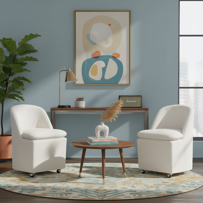 Chaise rembourrée moderne avec roulettes pivotantes à 360 ° et dossier ergonomique, Beige