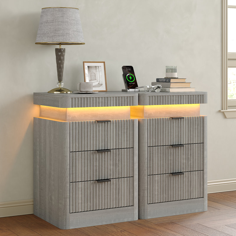 Fluted Night Stand With Charging Station & LED Light, 3-Drawer Bedside Table For Bedroom & Living Room, Modern Sofa Side Table With Sliding Top & Outlets/USB