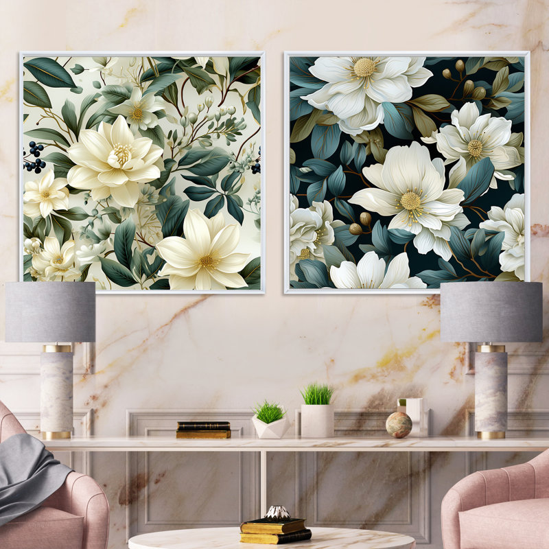 Disalvo - Ensemble de 2 collages floraux carrés, Cadre flottant blanc, H 36 po x l 73 po