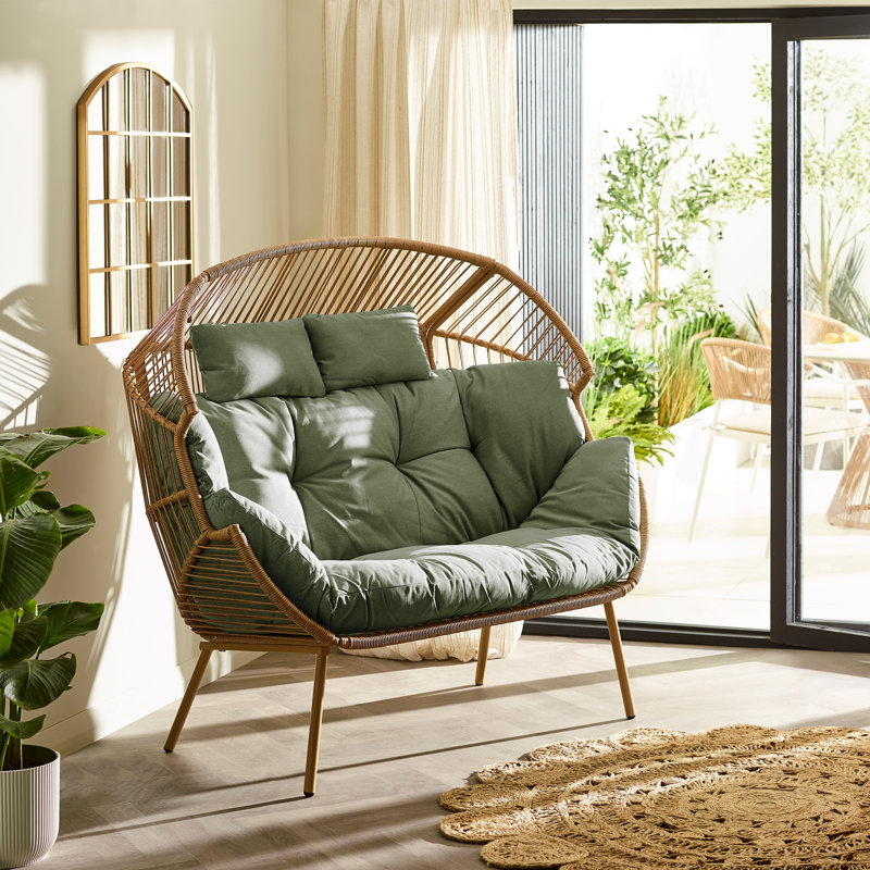 Kouts Cosy Rattan Weave Double Egg Chair Garden With Cushion - Contemporary Modern Design, Green