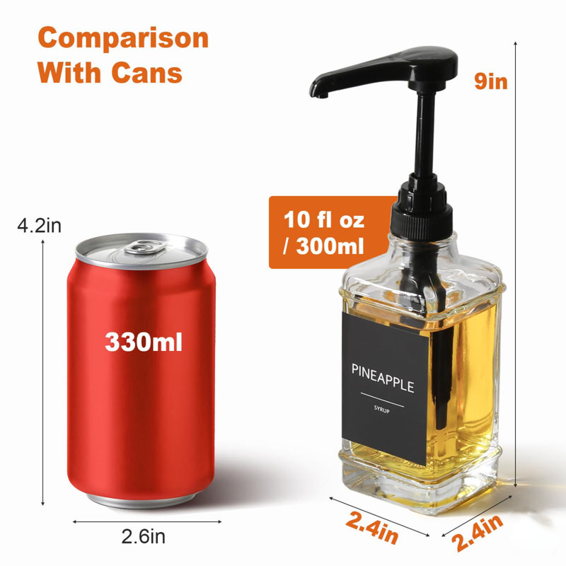 Coffee Syrup Dispenser, 10 Fl Oz/300Ml Syrup Pump Dispenser For Coffee Bar Accessories & Essentials, Small Square Glass Syrup Bottle, Simple Maple Syrup Bottles With 1/4Oz Large Capacity Pump
