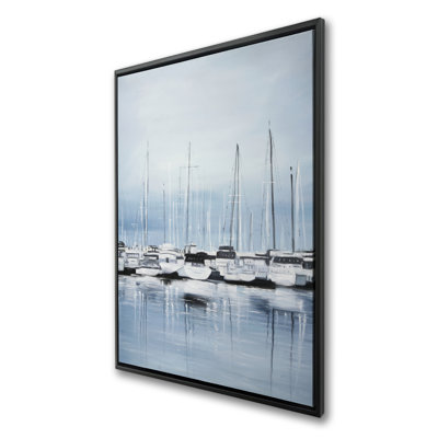 Boats at the Dock 2 - Blue Coastal Framed Canvas Decor