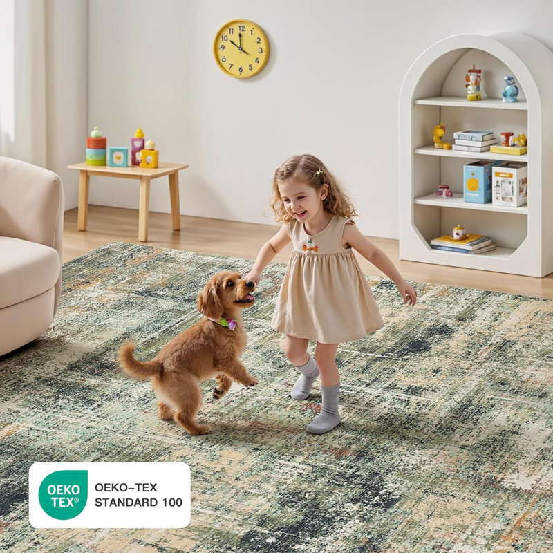 8'X10' Neutral Modern Washable Abstract Area Rug Green, Rectangle 8' x 10'