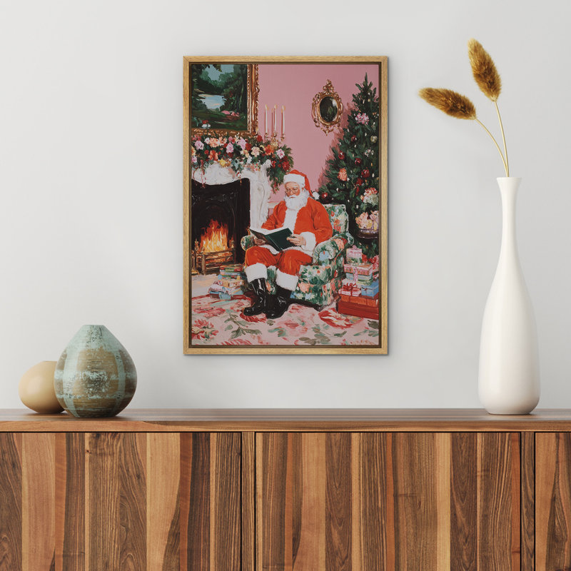 Cozy Santa Reading by Fireplace Classic Christmas Home Interior Scene Framed Canvas Master Bedroom Wall Art Work Print