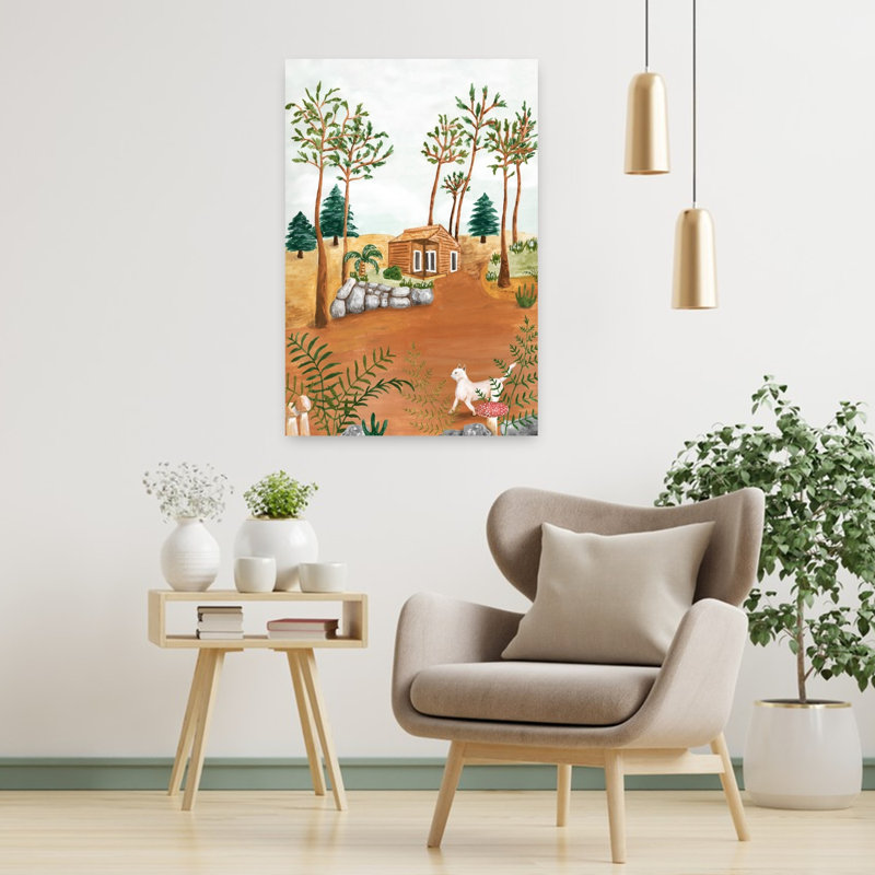 «Woodland Cabin Cat Peaceful Rustic Serene Cat Fern Forest Landscape», art mural, H 36 po x l 24 po