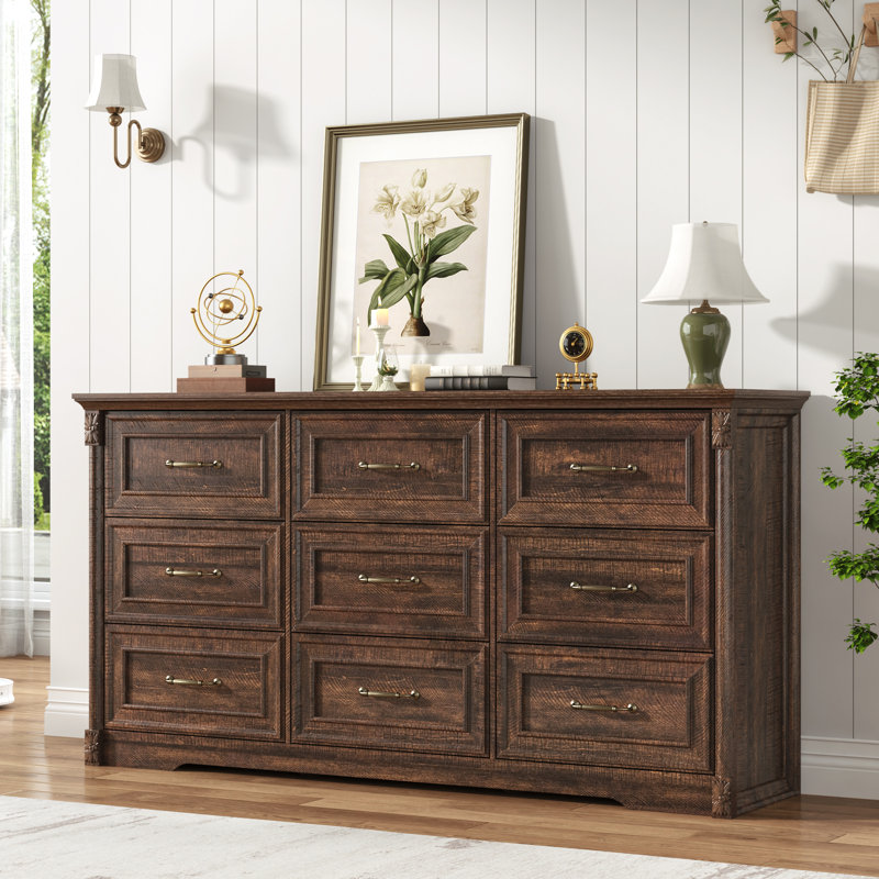 63" Tall Dresser With 9 Drawers, Embossed Roman Column Design & Wooden Storage For Bedroom Organization, Brown