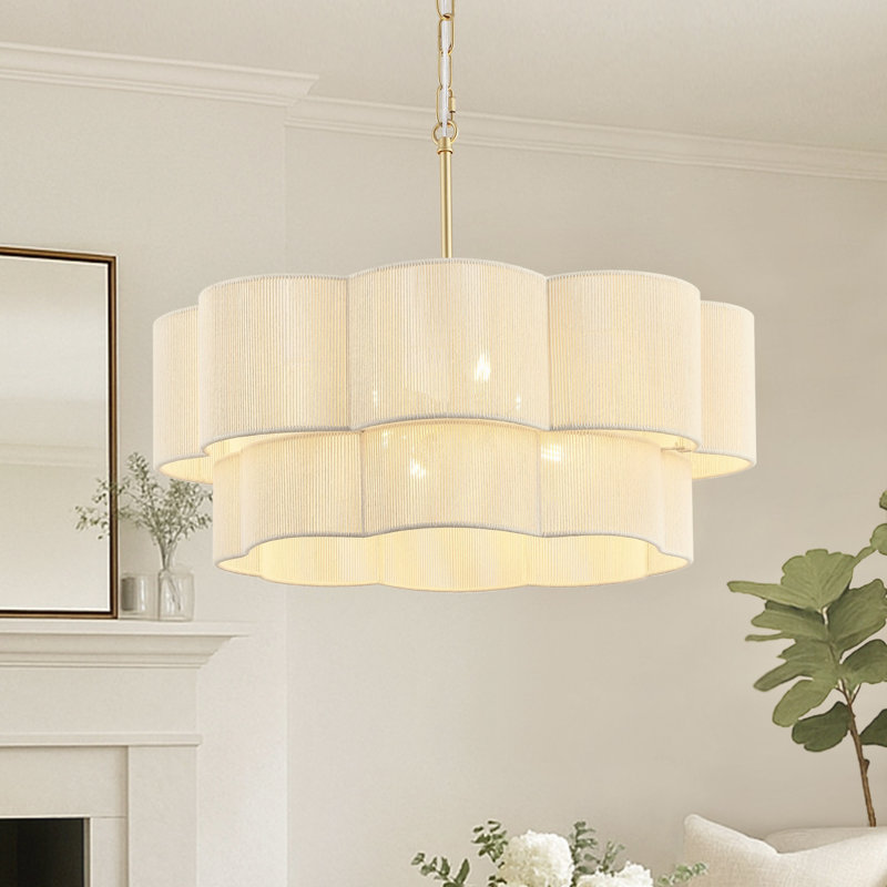 23.2" 6-Light Scalloped Rope Drum Chandelier, Gold, Beige