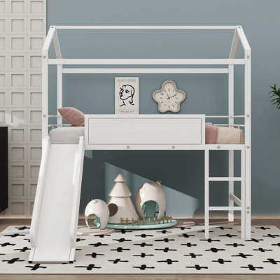 Twin Loft Bed With Slide And Ladder, House Loft Bed Frame With Two-Sided Writable Wooden Board