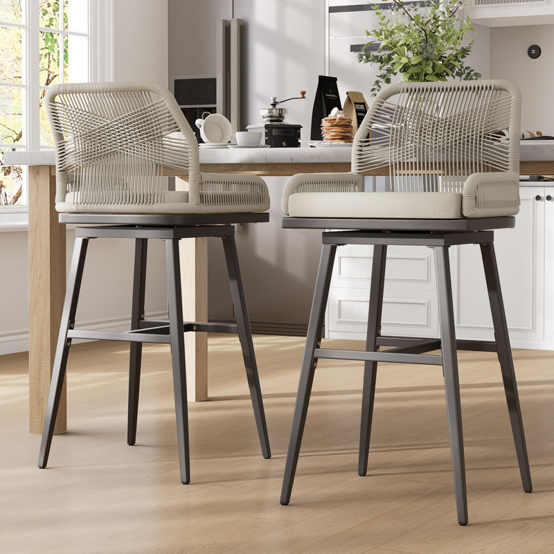 Bar Stools Set Of 2, Rattan Counter Height Bar Stools, Swivel Patio Barstools With Boho Woven Rope Back For Kitchen Patio Garden Cushions Included,