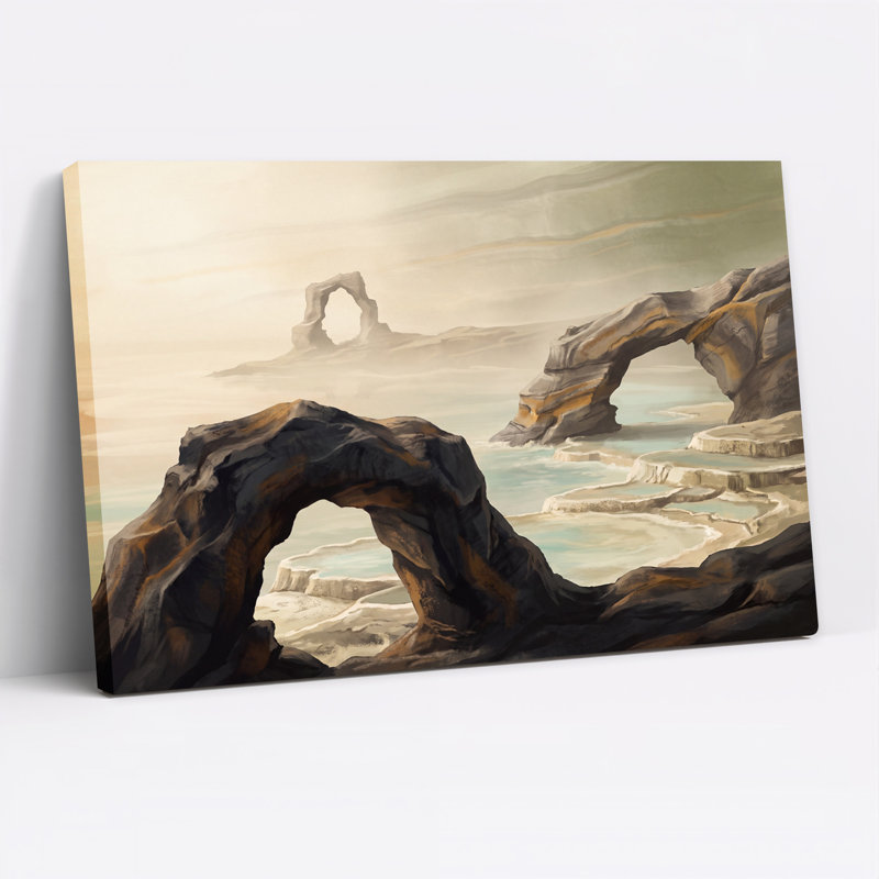 Arches rocheuses sombres surplombant des bassins d'eau en terrasses - Tableau sur toile, 16"H x 24"W