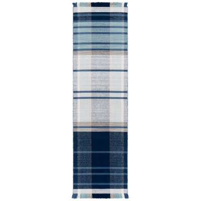 Anjail Flat Weave Wool/Cotton Plaid Rug in Beige/Blue