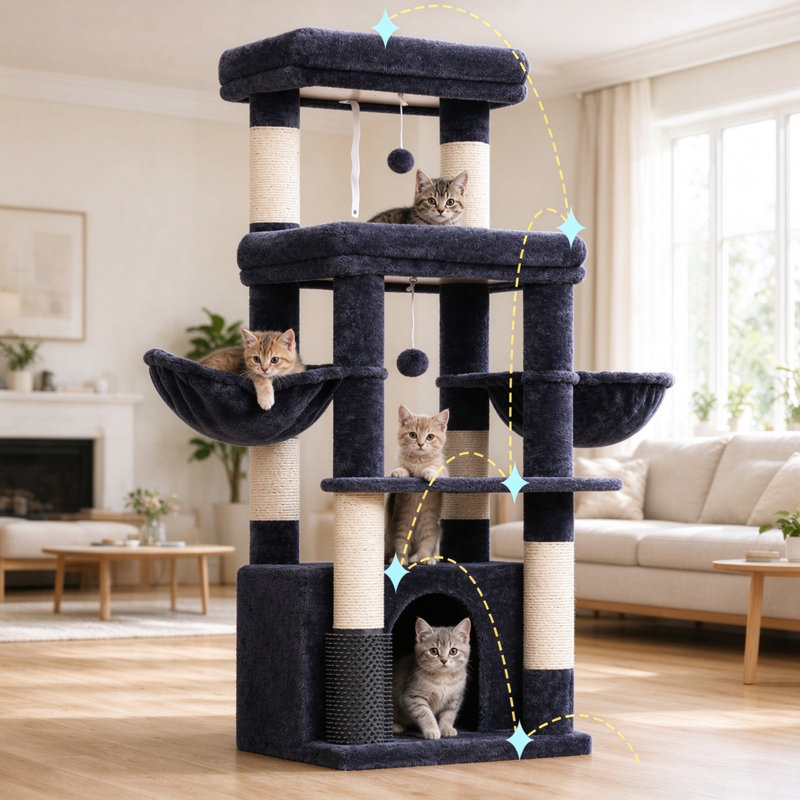Cat Tree Tower, 130cm Tall with Extra Large Platform, Spacious Cat Condo, 2 Cozy Hammocks & Self-Grooming Brush, for Indoor Adult Cats & Maine Coon, Smoky Grey