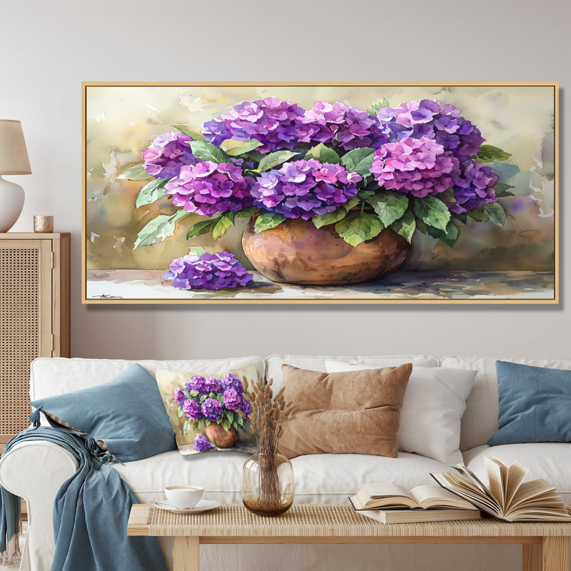 Hydrangées dans un vase rustique - hydrangées, art sur toile, H 28 po x l 60 po, Cadre flottant, Naturel