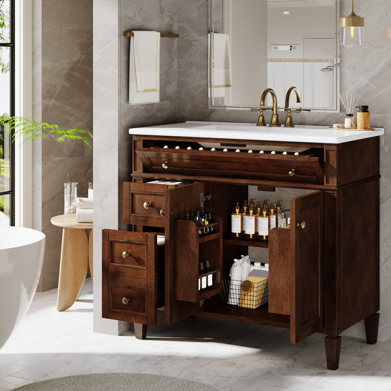 Meuble-lavabo moderne avec lavabo et rangement spacieux, 36", Brun
