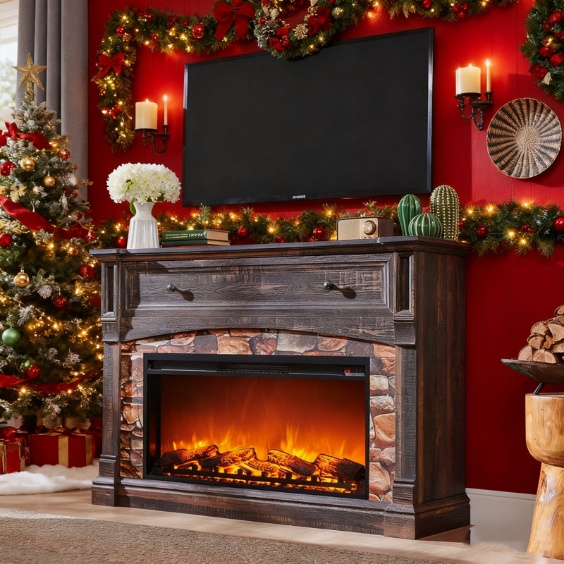 52" Farmhouse Electric Fireplace With Open Cubby & Mantel, Dark Rustic Oak