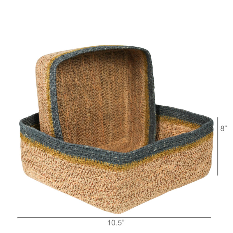 Square Baskets, Seagrass, Set Of 2 Sm: 8X8x4, Lrg: 10.5X10.5X4.5