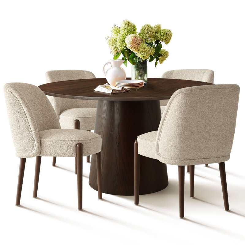 4 - Person Dining Table Sets With 52'' Solid Wood Round Table & 4 Upholstered Linen Chairs, Beige