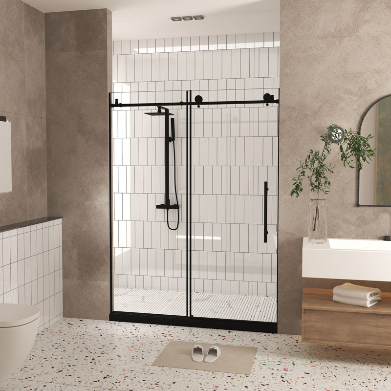 Frameless Shower Door With Clear Tempered Glass, Explosion Proof Film, And Stainless Steel Handle For Safety And Style, Shower Door
