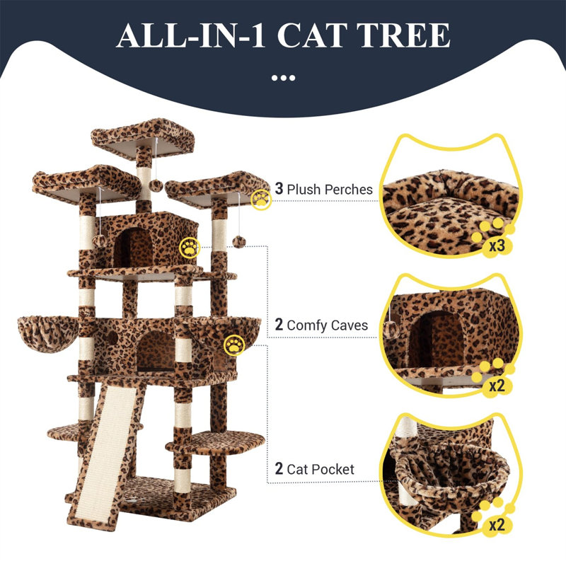 Arbre à chat de 68 pouces / cabane dans les arbres et tours pour grand chat / arbre grimpant avec condo / poteau à griffes / grand arbre à chat multi-niveaux / imprimé léopard