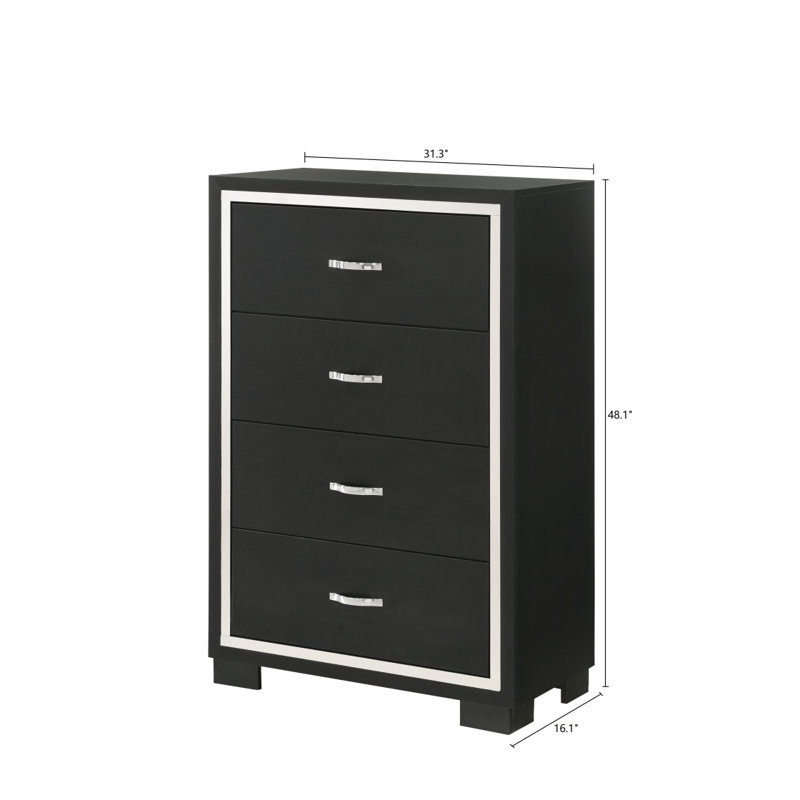 Meuble de chambre à coucher moderne à 1 tiroir Glam 4 tiroirs avec poignées en métal noir