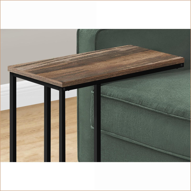Table basse compacte en forme de C pour le salon / la chambre à coucher, stratifié brun et amp; Métal noir, attrait moderne