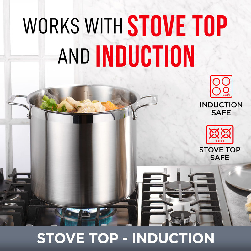 Stainless Steel Stockpot with Lid, 2 Quart, 18/8 Durable Steel, Even Heating Base, Riveted Handles, Oven & Stove Safe
