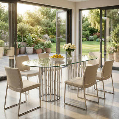 Table de salle à manger ovale en verre trempé avec surface résistante aux égratignures et facile à nettoyer, pouvant accueillir de 6 à 8 personnes