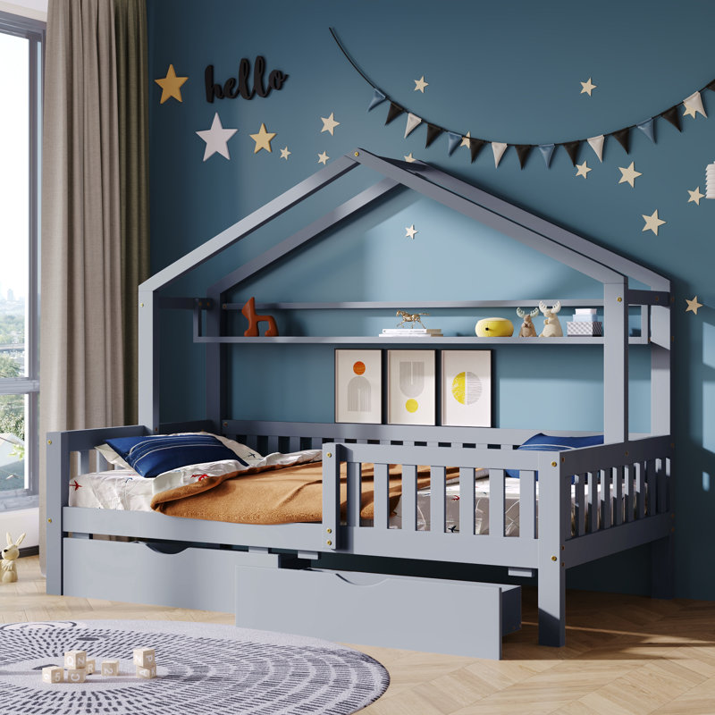 Aito Kids House Bed With Two Drawers, Twin, Gray