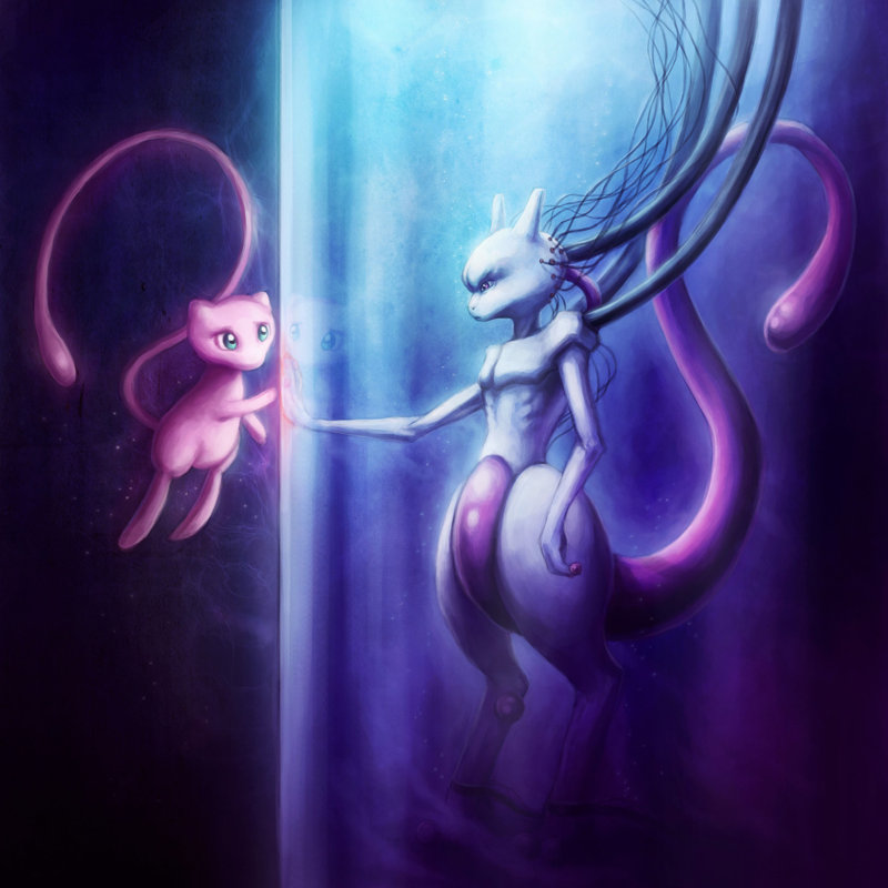 «Mewtu And Mew», reproduction d'art graphique sur toile tendue, H 48 po x l 48 po