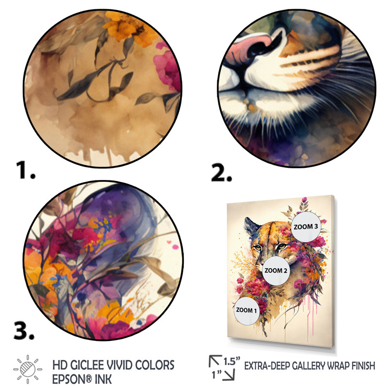«Cute Puma Floral Art II», peinture sur toile, H 40 po x l 30 po x P 1,5 po, Toile tendue