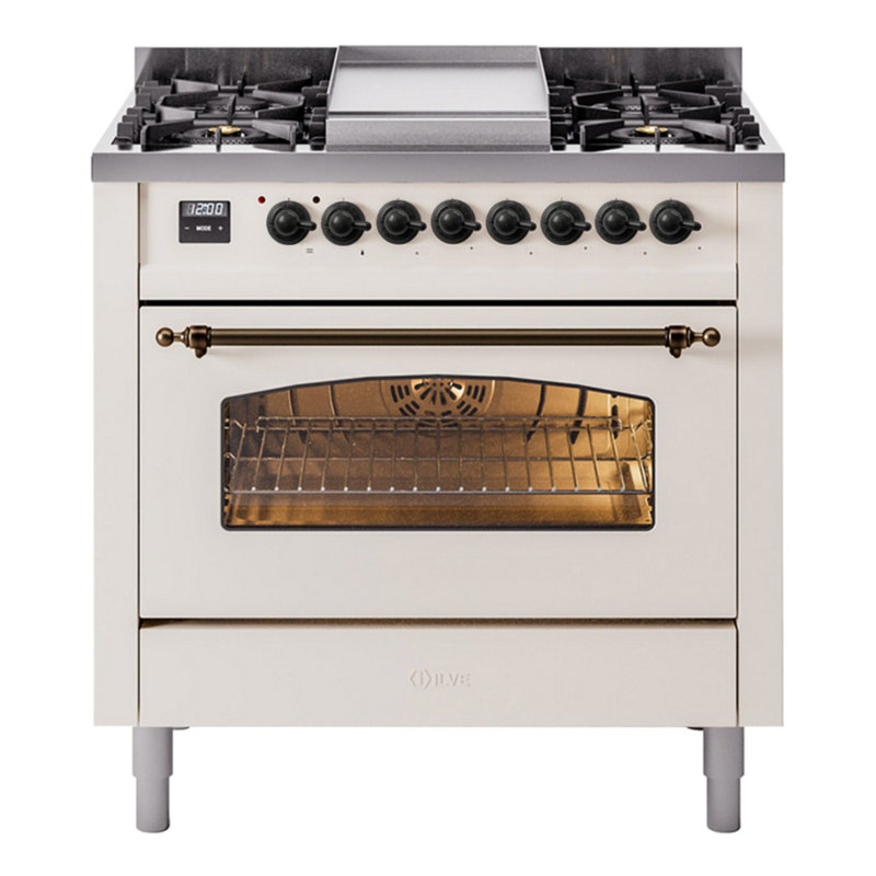 Cuisinière ILVE Nostalgie II Series 36 po à double combustible avec 6 brûleurs scellés, plaque de cuisson (propane liquide, porte vitrée)