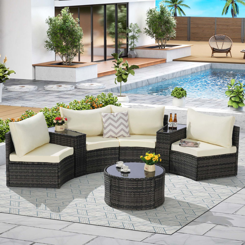 Outdoor Patio Furniture 7-Piece Half-Moon Sectional Round Patio Furniture Set Sofa With Tempered Glass Round Coffee Table