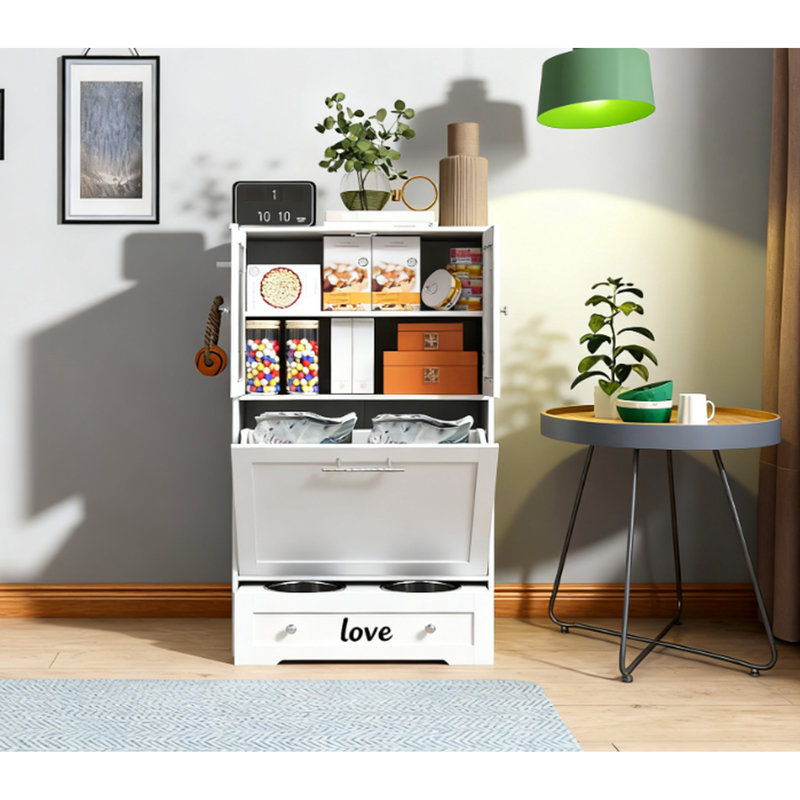 Armoire de rangement pour animal de compagnie blanc avec bols pour chien - alimentation, rangement spacieux, fabrication, bols en acier inoxydable, armoire réglable, crochets de laisse latéraux, temps d'alimentation contrôlés par la station de pointe, vaste