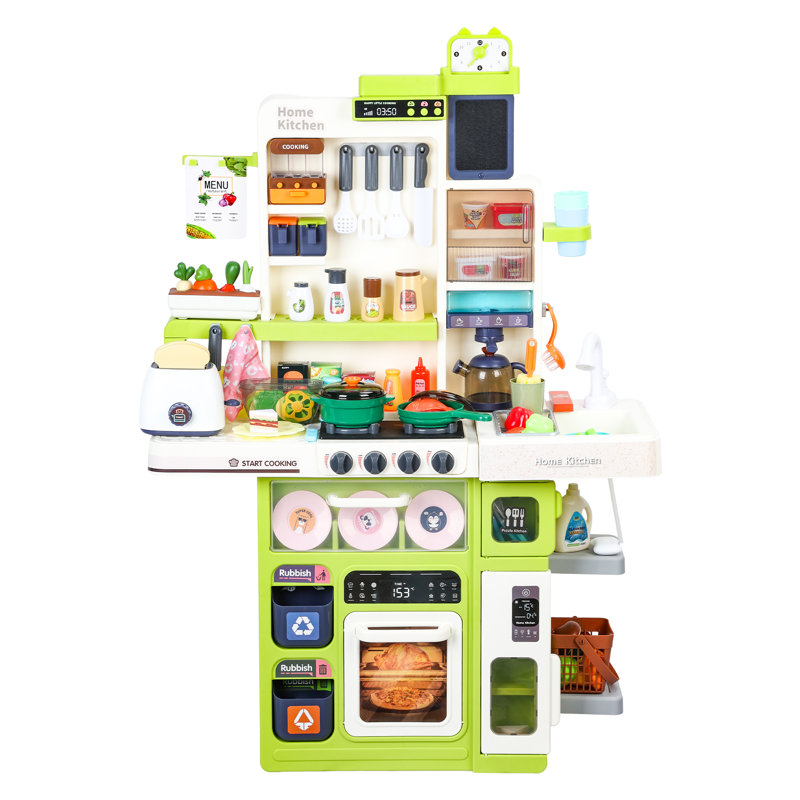 101Pcs/Set Children Pretend Play Kitchen Set with Sound Stove, Lights, Music, Faucet, Sink, and Play Food, Toy Kitchen for Toddlers (Green)
