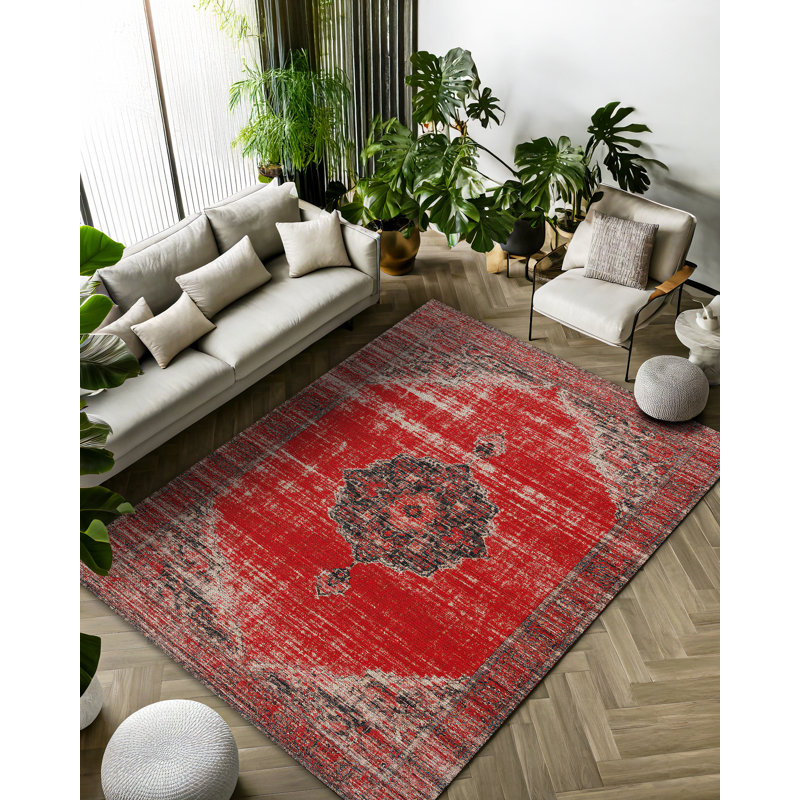 Susan Red Oriental Machine Printed Cotton Polyester Area Rug, Runner 4' x 11'6"