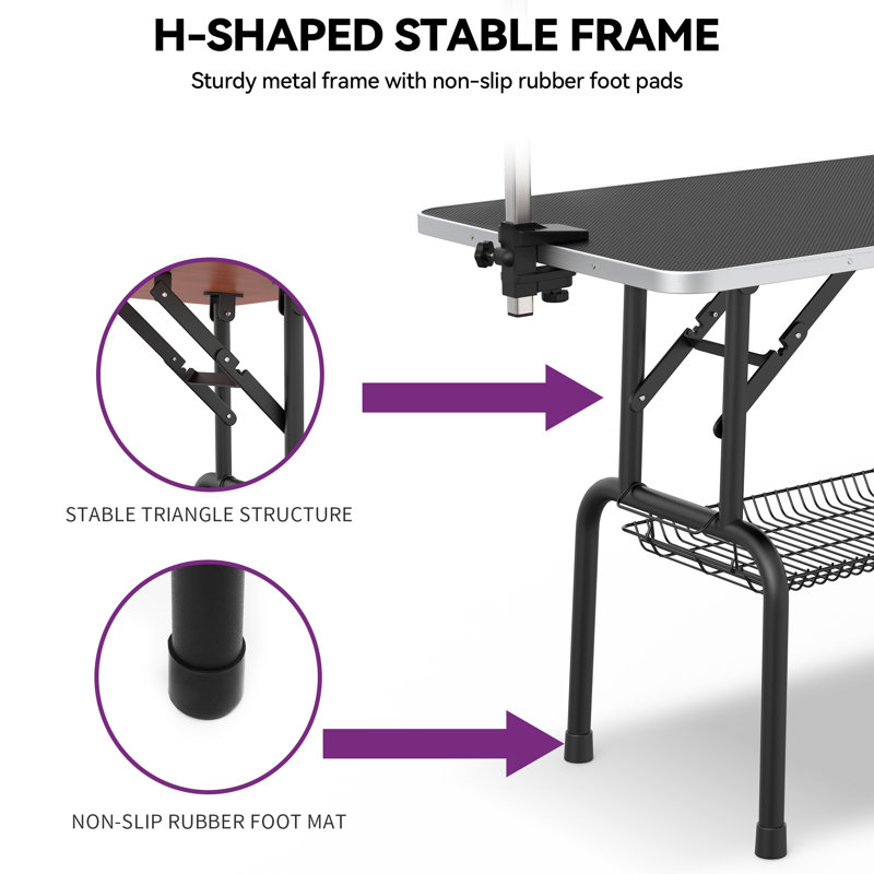 H 65,00 po x l 29,90 po x P 17,70 po Table de toilettage pliable et réglable en métal avec accoudoirs, Noir mat