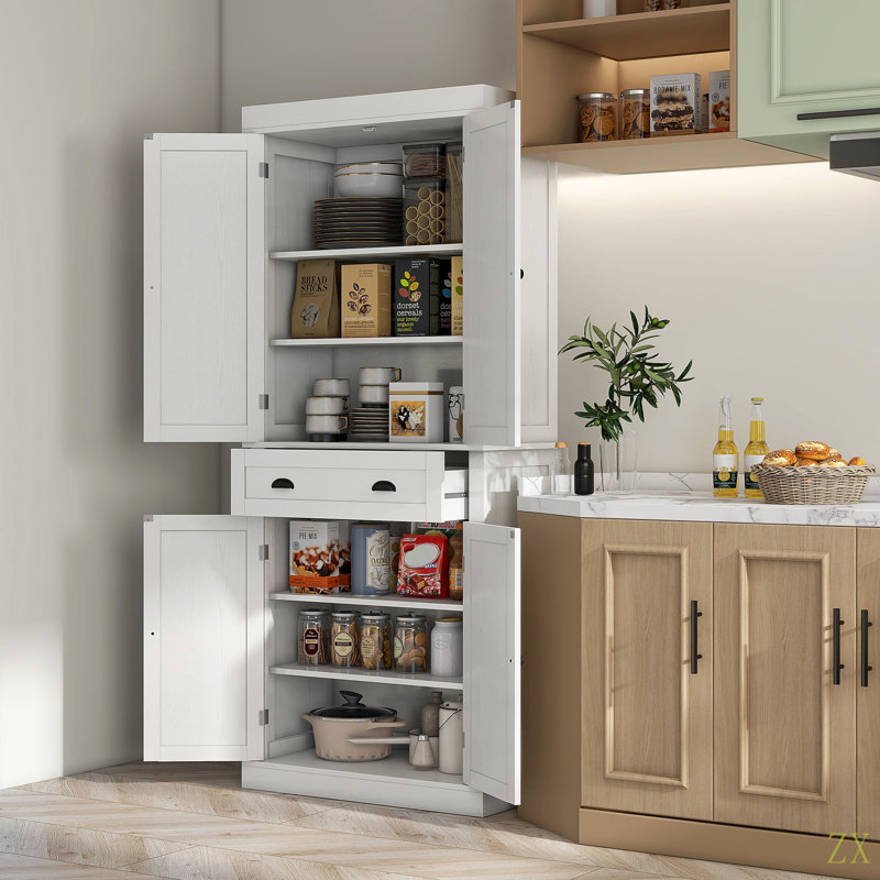 72.5" Kitchen Pantry Cabinet, Traditional Freestanding Storage Cabinet With 4 Doors, Drawer And 3 Adjustable Shelves For Dining Room