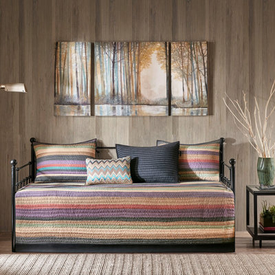 Housse de lit de jour 6 pièces, conception réversible à rayures multiples, matelas simple, housse, 3 taies décoratives, coussin décoratif, décoration facile à laver, ajustement du matelas, lavable à la machine